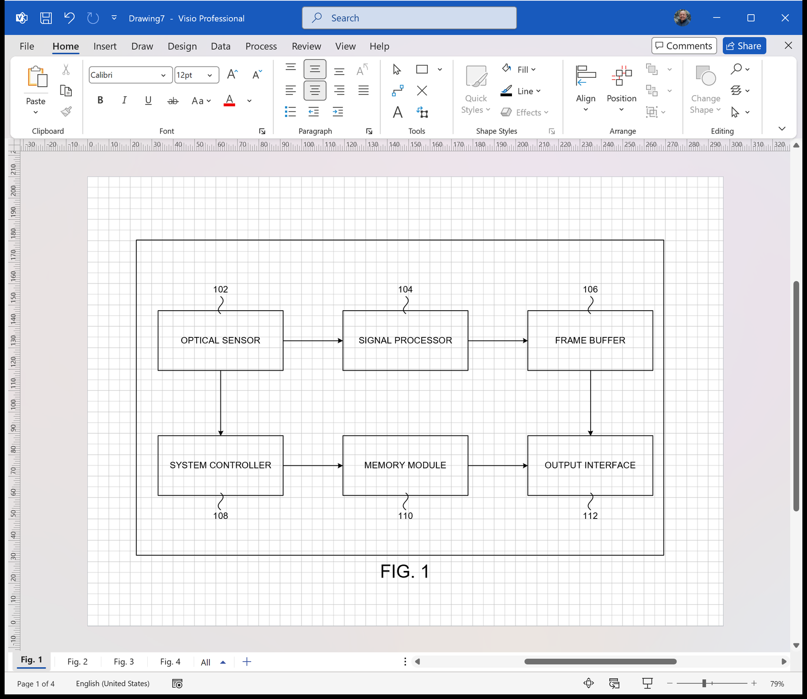 Patent apparatus figure drawn as editable shapes in Microsoft Visio